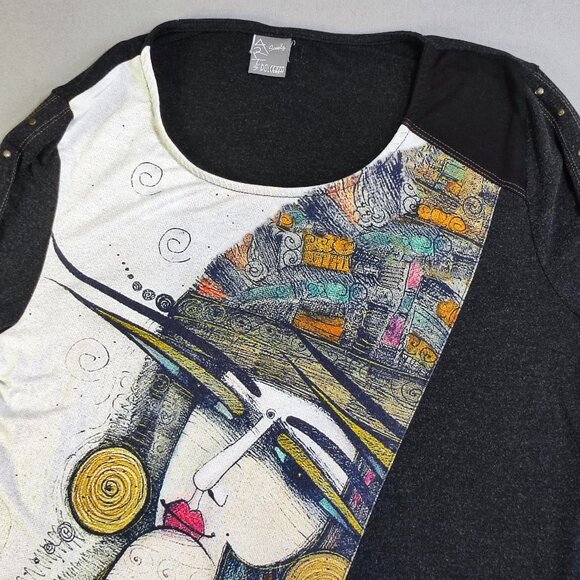 Simply Art by Dolcezza blouse women's size M black with graphic design - Picture 2 of 8